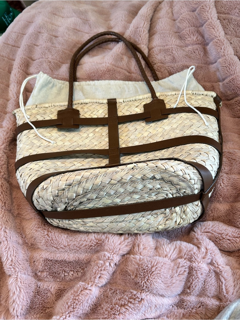 Woven Straw Tote Bag with Brown Trim